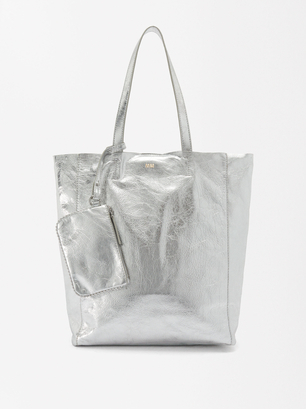 Personalized Leather Tote Bag, Silver, hi-res