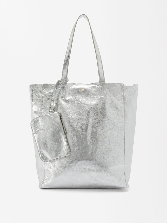 Personalized Metallic Leather Tote Bag, Silver, hi-res