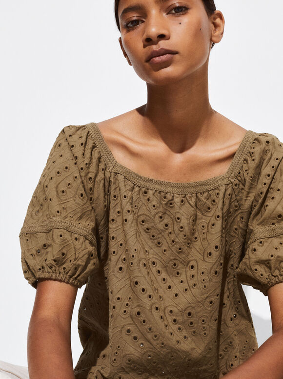 Embroidered Blouse, Brown, hi-res