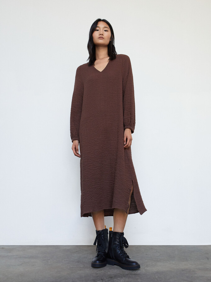 Long Textured Cotton Dress, Brown, hi-res