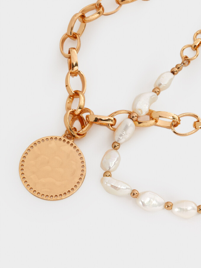 Set Of Contrasting Necklaces With Pearl, Golden, hi-res