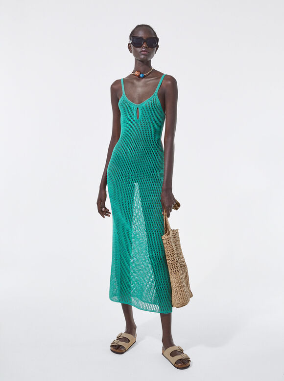 Cut Out Knitted Dress, Green, hi-res
