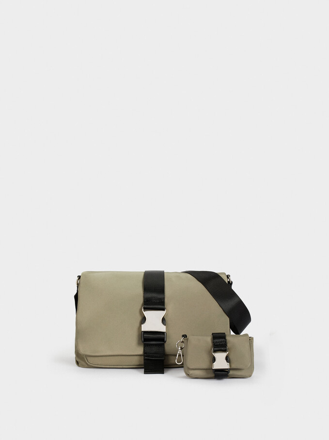 Nylon Crossbody Bag With Buckle, Khaki, hi-res