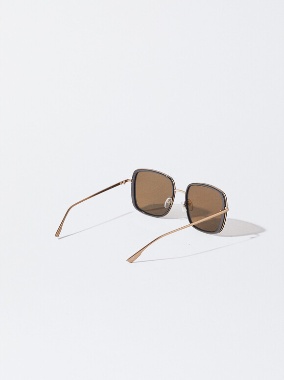 Square Metallic Sunglasses , Brown, hi-res