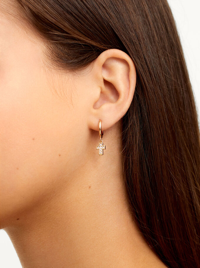 Cross Hoop Earrings With Zirconia, Golden, hi-res