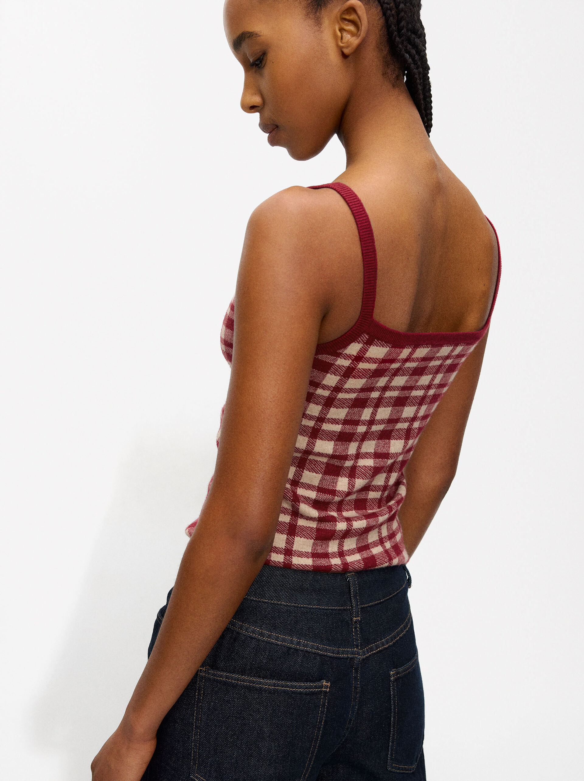 Jacquard knit top with checkered straps image number 3.0