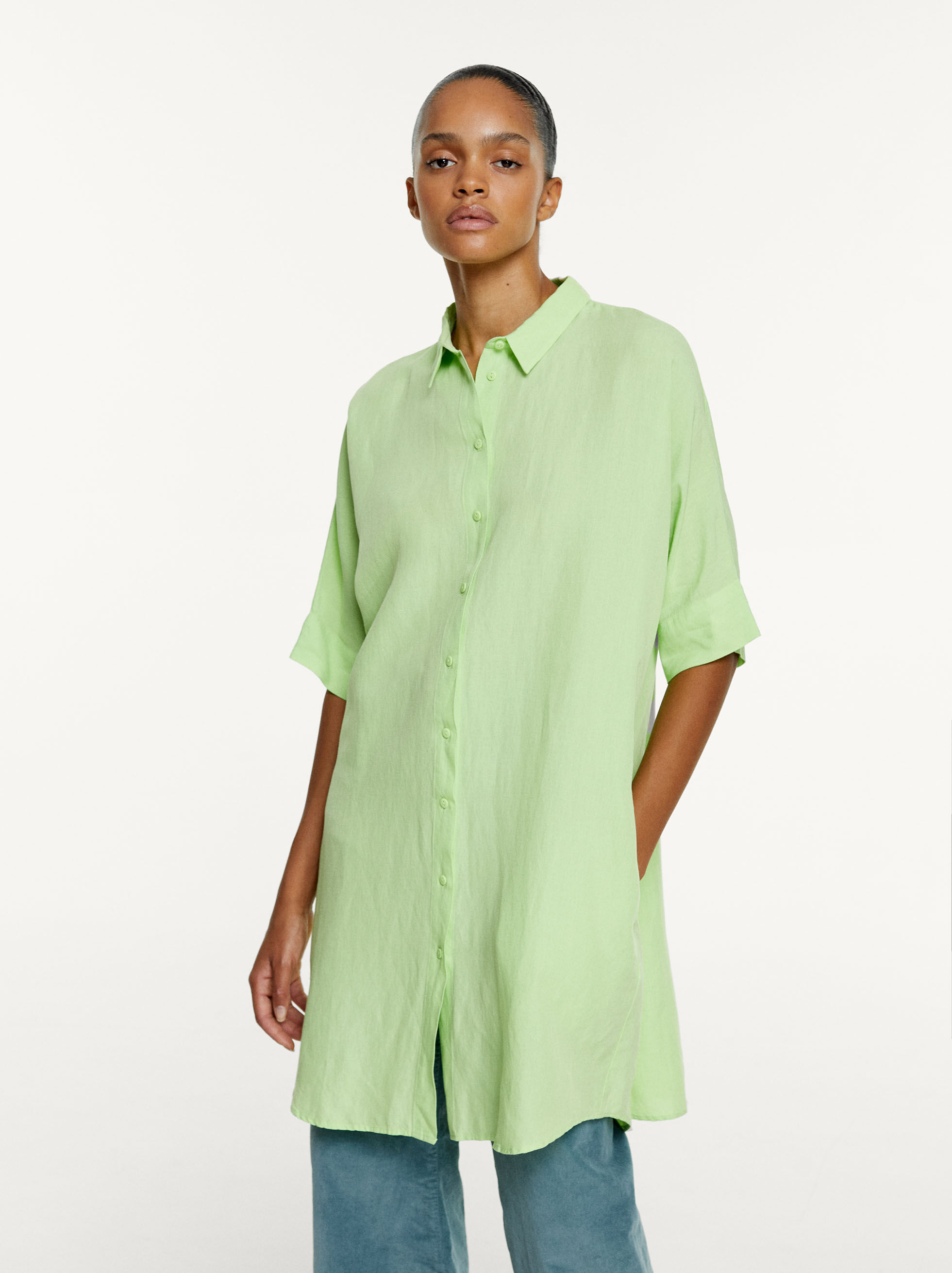 Green linen shirt dress clearance