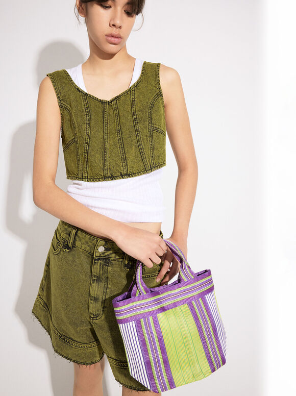 Bolso Tote Estampado Rayas, Verde, hi-res