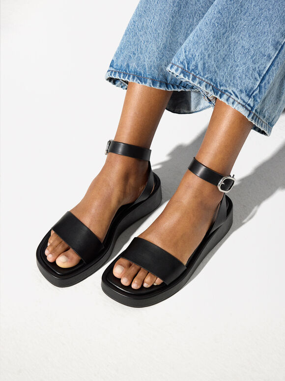 Platform Strap Sandals, Black, hi-res