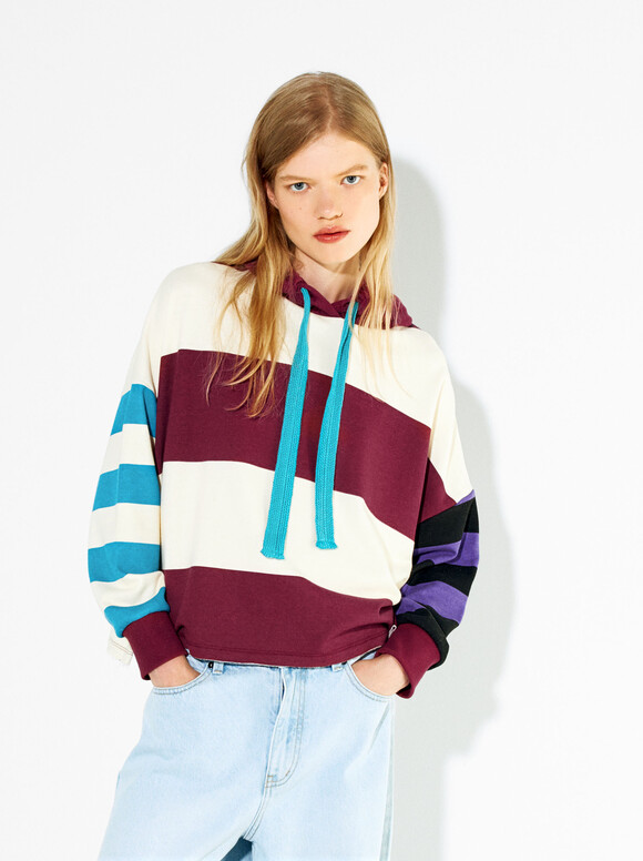 Printed Sweater With Hood, Bordeaux, hi-res