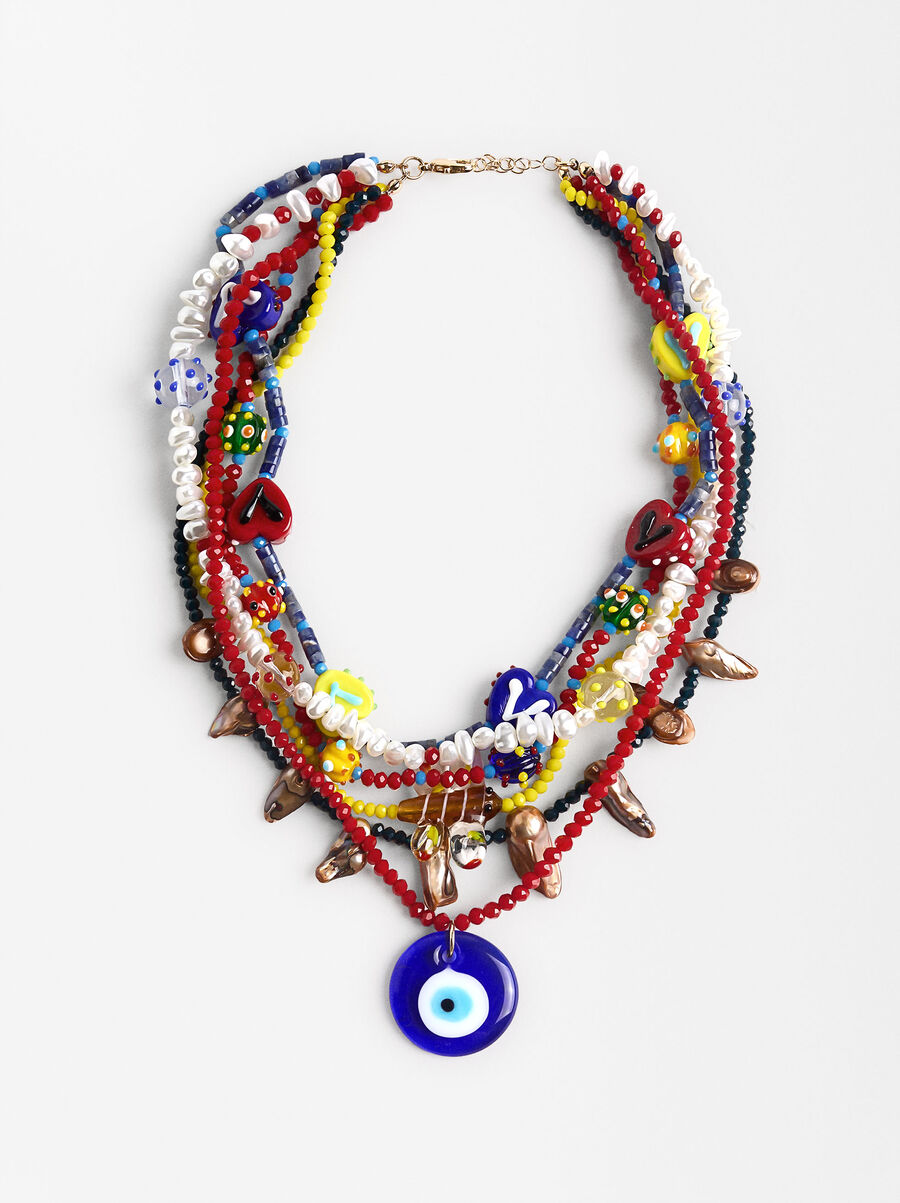 Collar multicolor con piedras y colgantes de vidrio