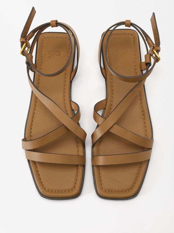 Leather Flat Sandals, Camel, hi-res