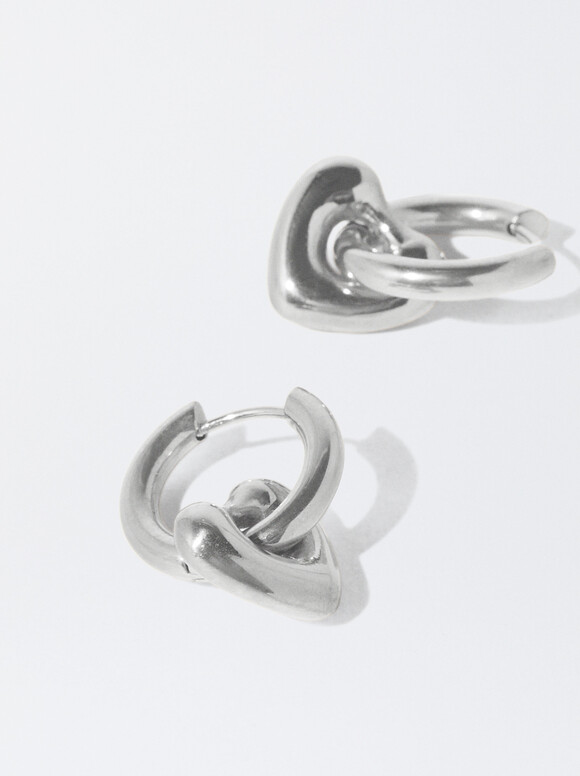 Stainless Steel Heart Hoop Earrings, Silver, hi-res