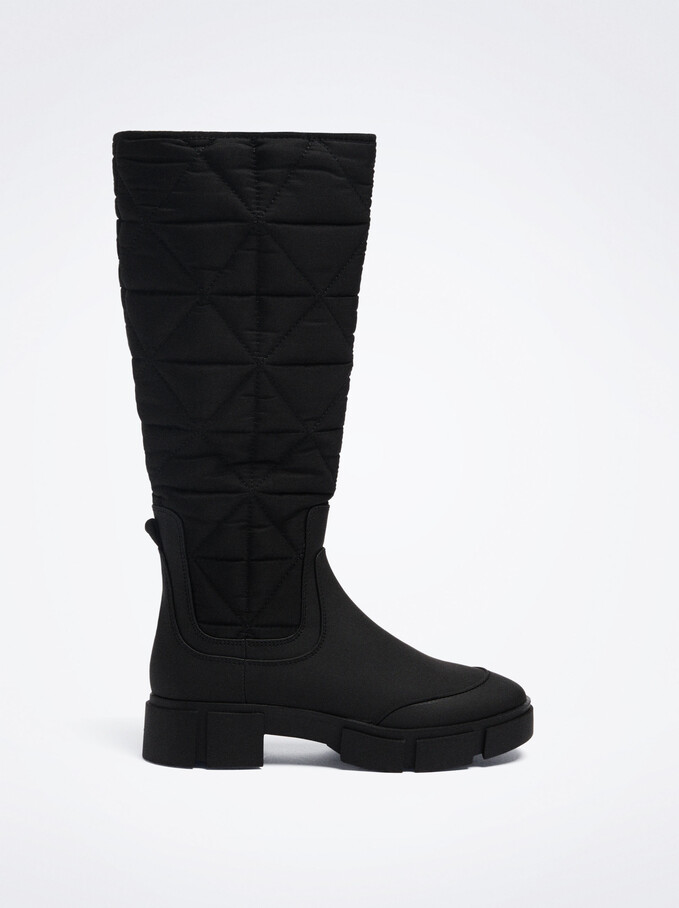 Knee-High Leg Padded Boots, Black, hi-res