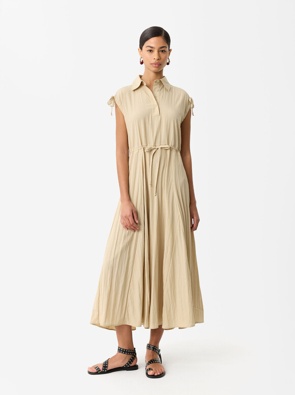 Dress With Gathered, Beige, hi-res
