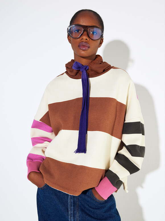 Printed Sweater With Hood, Brown, hi-res