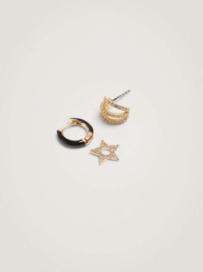 Set Of Hoop Earrings With Star And Zirconia, Black, hi-res