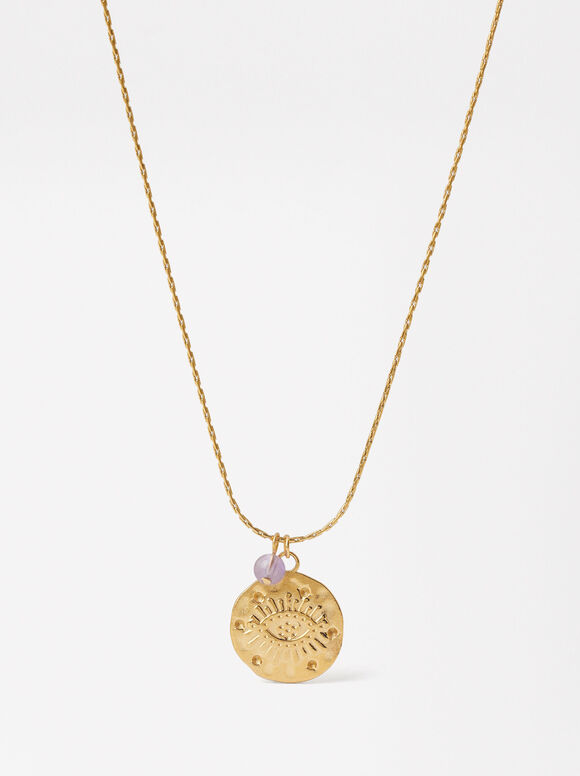 Eye Medal Necklace - Stainless Steel, Golden, hi-res