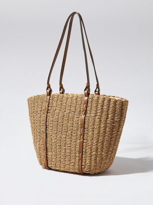 Straw Tote Bag With Pendant, Beige, hi-res