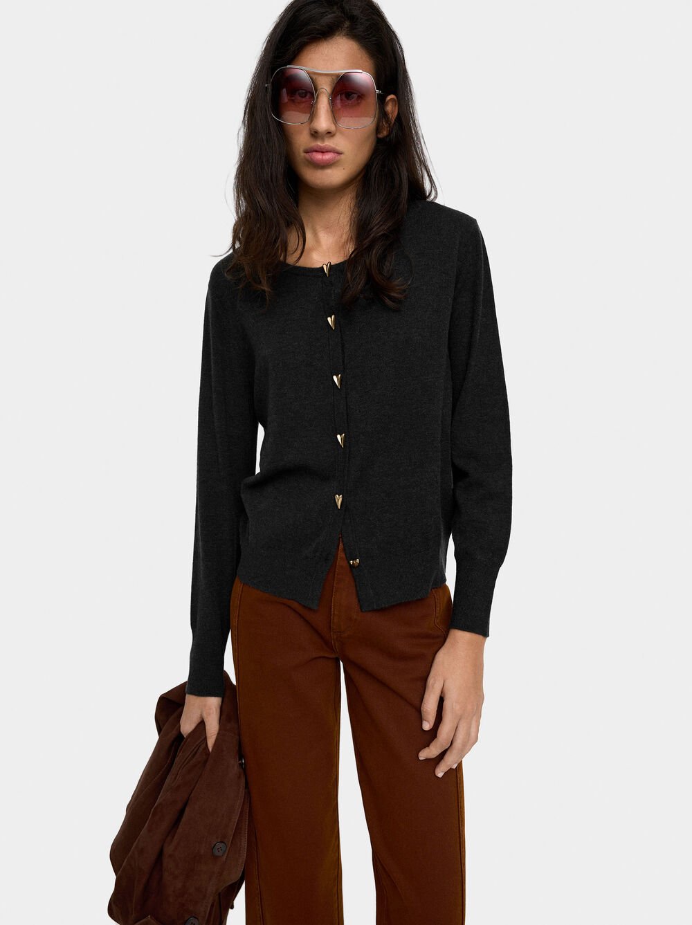 Knit mesh cardigan with heart buttons