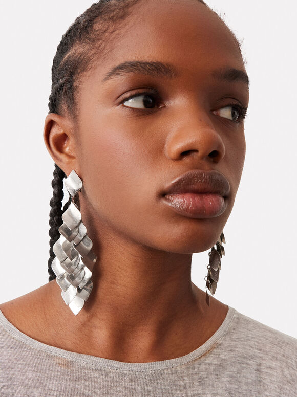 Long Silver Earrings, Silver, hi-res