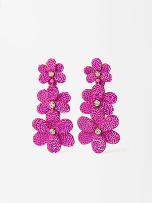 Long Flower Earrings, Purple, hi-res
