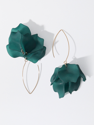 Flower Earrings With Resin, Green, hi-res