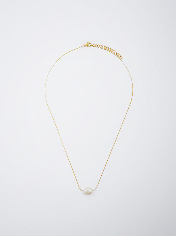 Stainless Steel Necklace With Pearl, Golden, hi-res