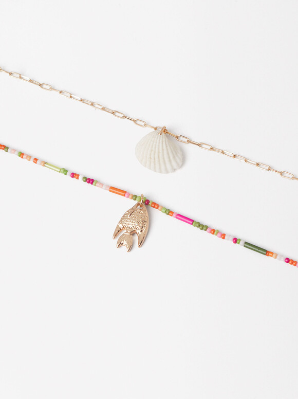 Set Of Necklaces With Beads And Shells, Multicolor, hi-res