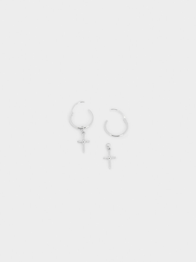 925 Sterling Silver Short Hoops With Cross, Silver, hi-res