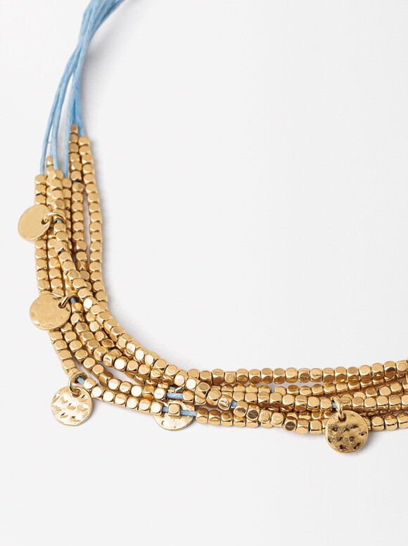 Cotton Necklace With Gold Beads, Blue, hi-res