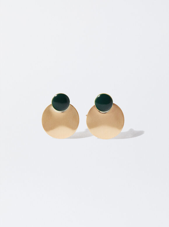 Golden Earrings With Resin, Green, hi-res