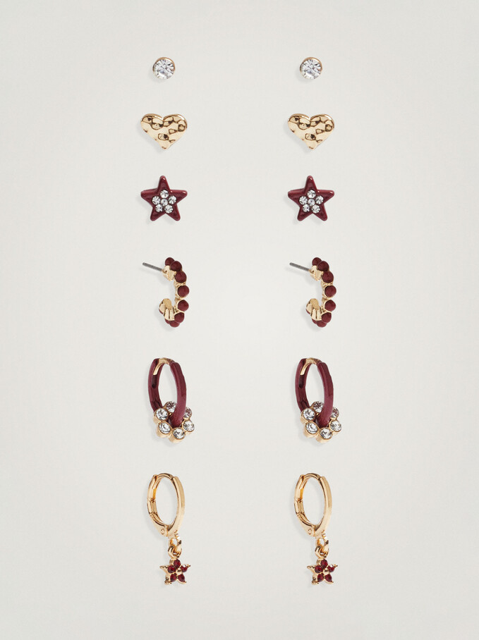 Set Of Hoop Earrings With Charms, Bordeaux, hi-res