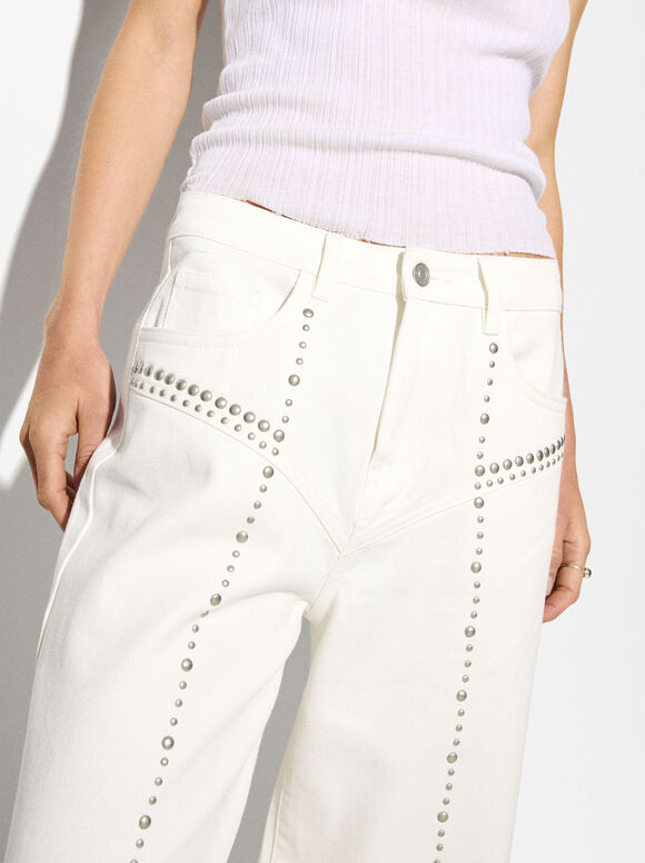 Pantalon En Coton Avec Clous, Blanc, hi-res