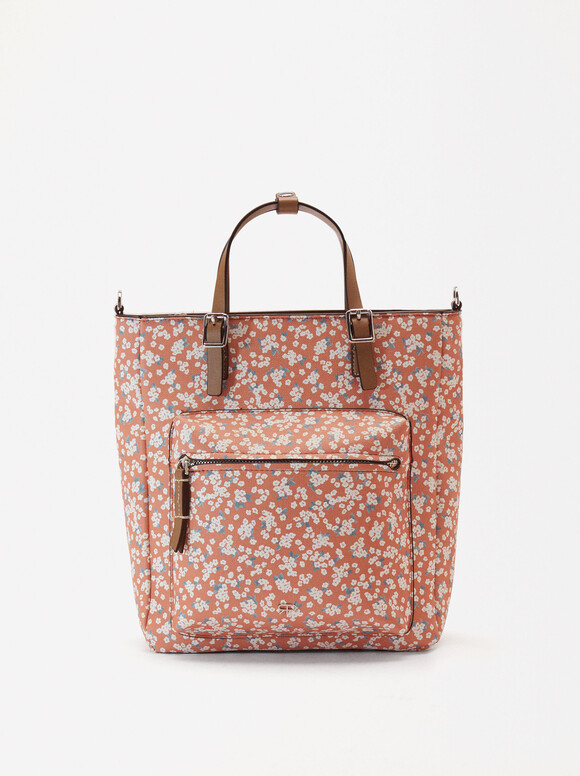 Floral Print Backpack, Coral, hi-res