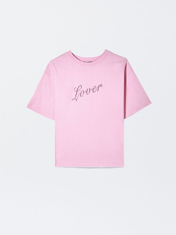 Cotton T-Shirt With Rhinestones, Pink, hi-res