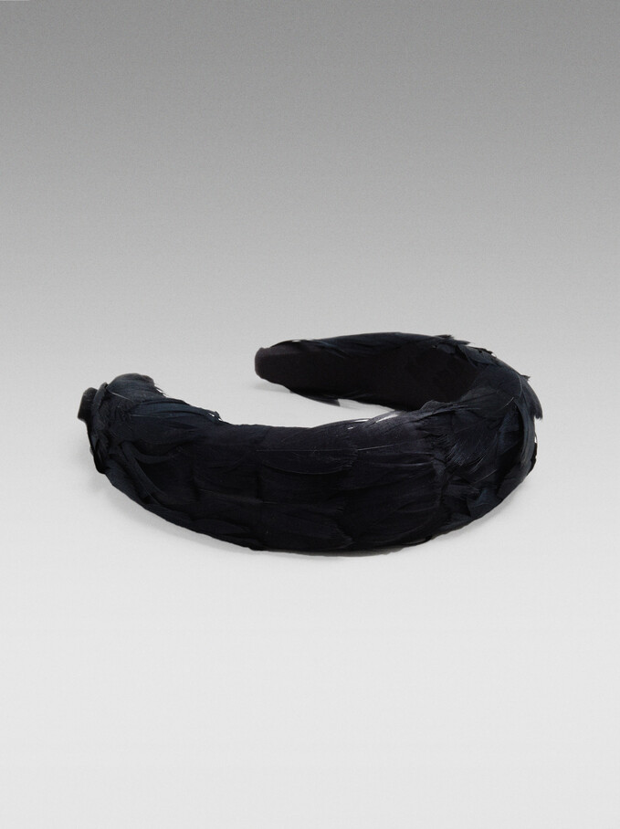 Wide Headband With Feathers, Black, hi-res