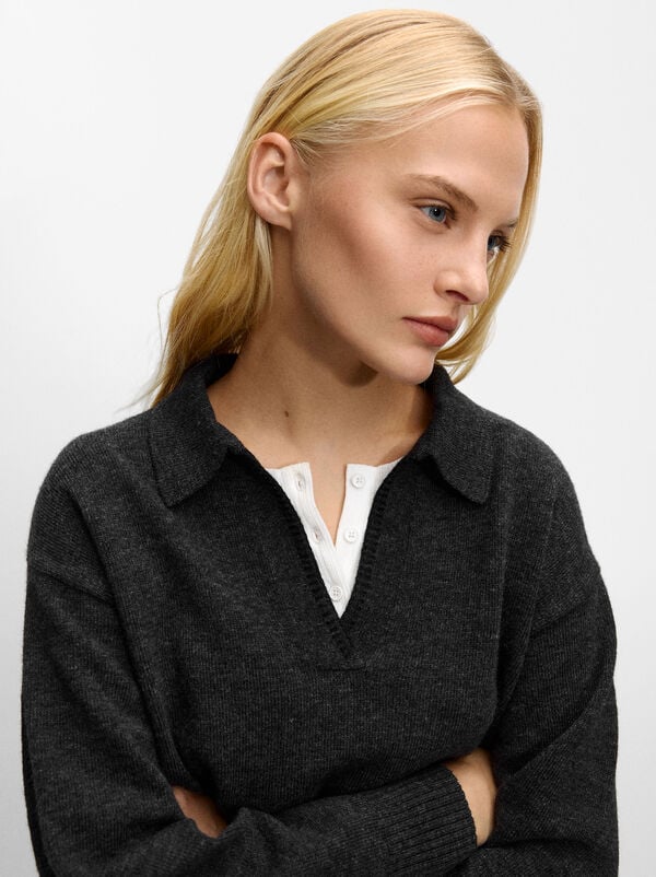 Knit sweater with polo collar
