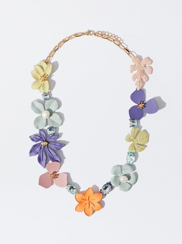 Necklace With Flowers And Freshwater Pearl, Multicolor, hi-res