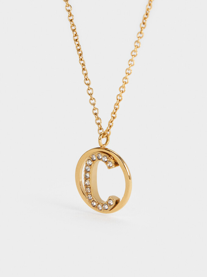 Short Steel Necklace With Letter C, Golden, hi-res
