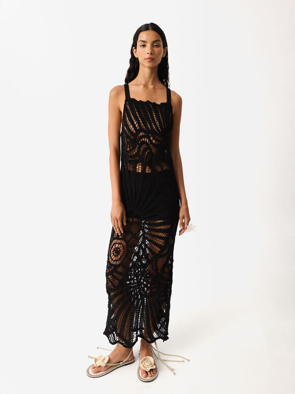 Long Crochet Dress, Black, hi-res