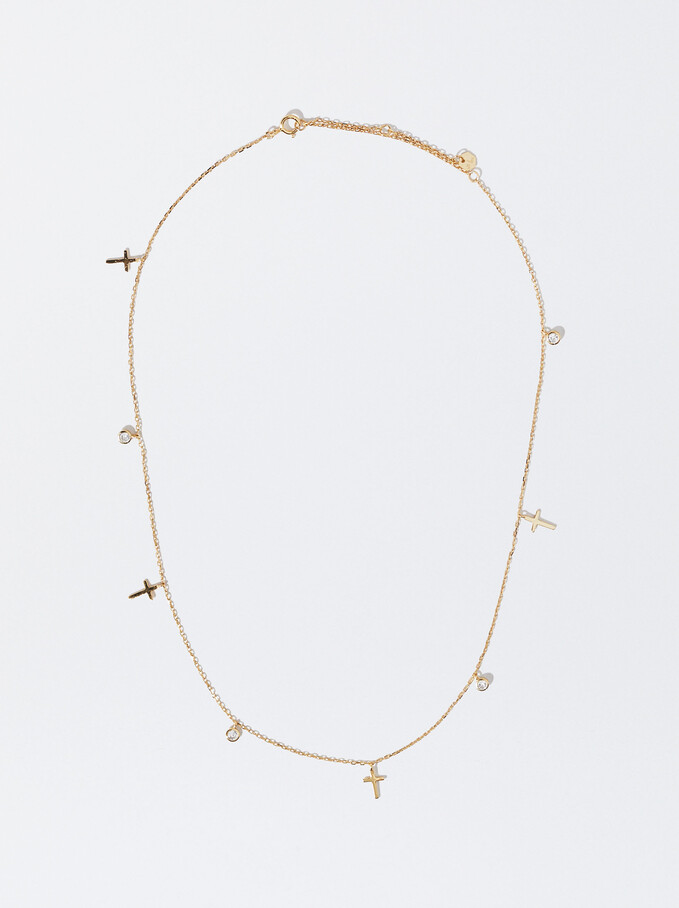 Short 925 Silver Cross Necklace, Golden, hi-res