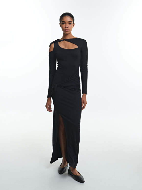 Cut Out Fitted Dress, Black, hi-res