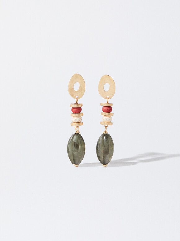 Gold-Toned Earrings With Stones, Green, hi-res