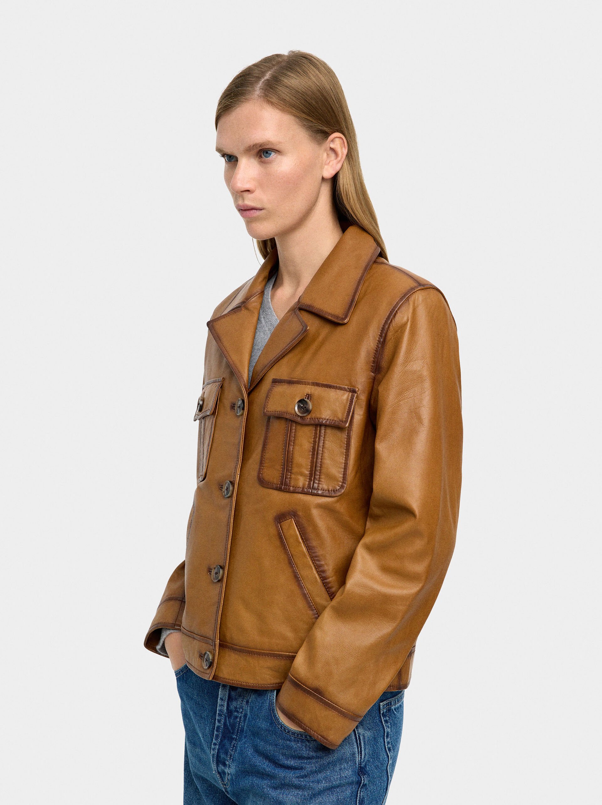 Jacke aus Leder mit markanten Steppnähten image number 1.0