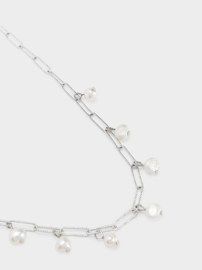Short Chain Necklace With Pearls, Silver, hi-res