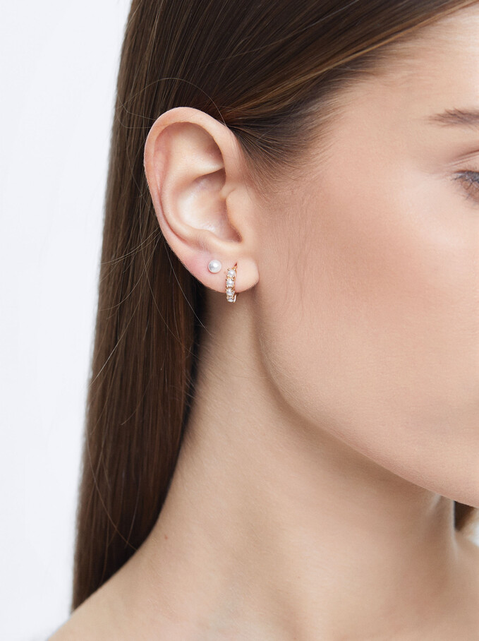 Set Of Hoop Earrings With Pearls, Golden, hi-res