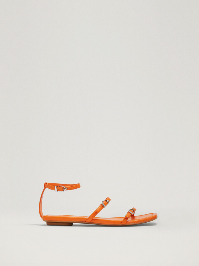 Flat Strappy Sandals With Buckles, Orange, hi-res