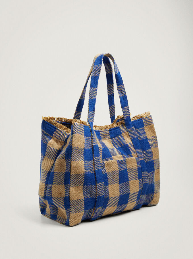 Gingham Shopper Bag With Pendant, Blue, hi-res