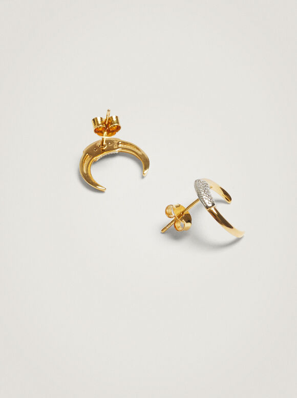 Short 925 Silver Earrings With Horn, Golden, hi-res